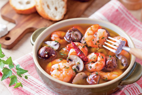 Ajillo of Chicken, Prawns, and Mushrooms