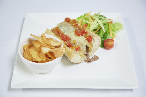 Cheesesteak Sandwich with Garden Salad and Potato Chips